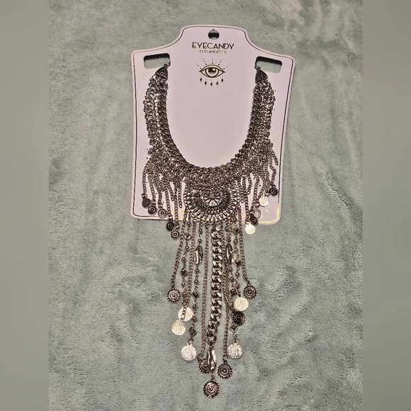 NWT Eye Candy Luna Coin Silver Necklace Bohemian Fringe Maximalism Eclectic - Picture 3 of 7